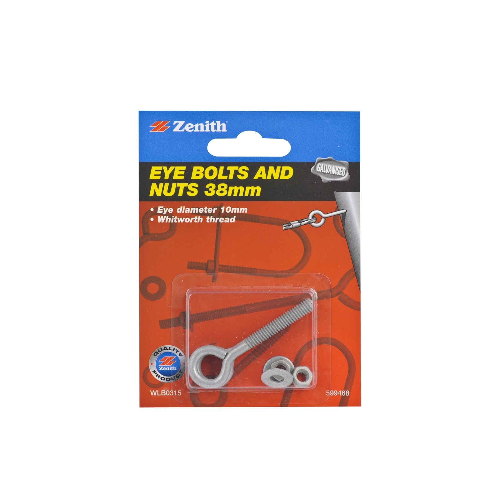 Zenith M4 x 56 x 10mm Galvanised Eye Bolts And Nuts 2 Pack Rissamelt