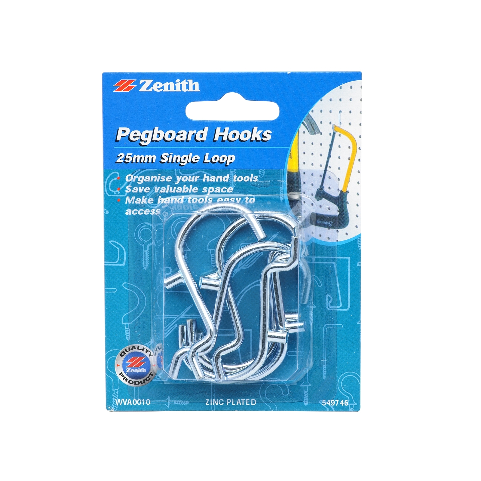 Zenith 25mm Zinc Plated Single Loop Pegboard Hook 6 Pack Rissamelt