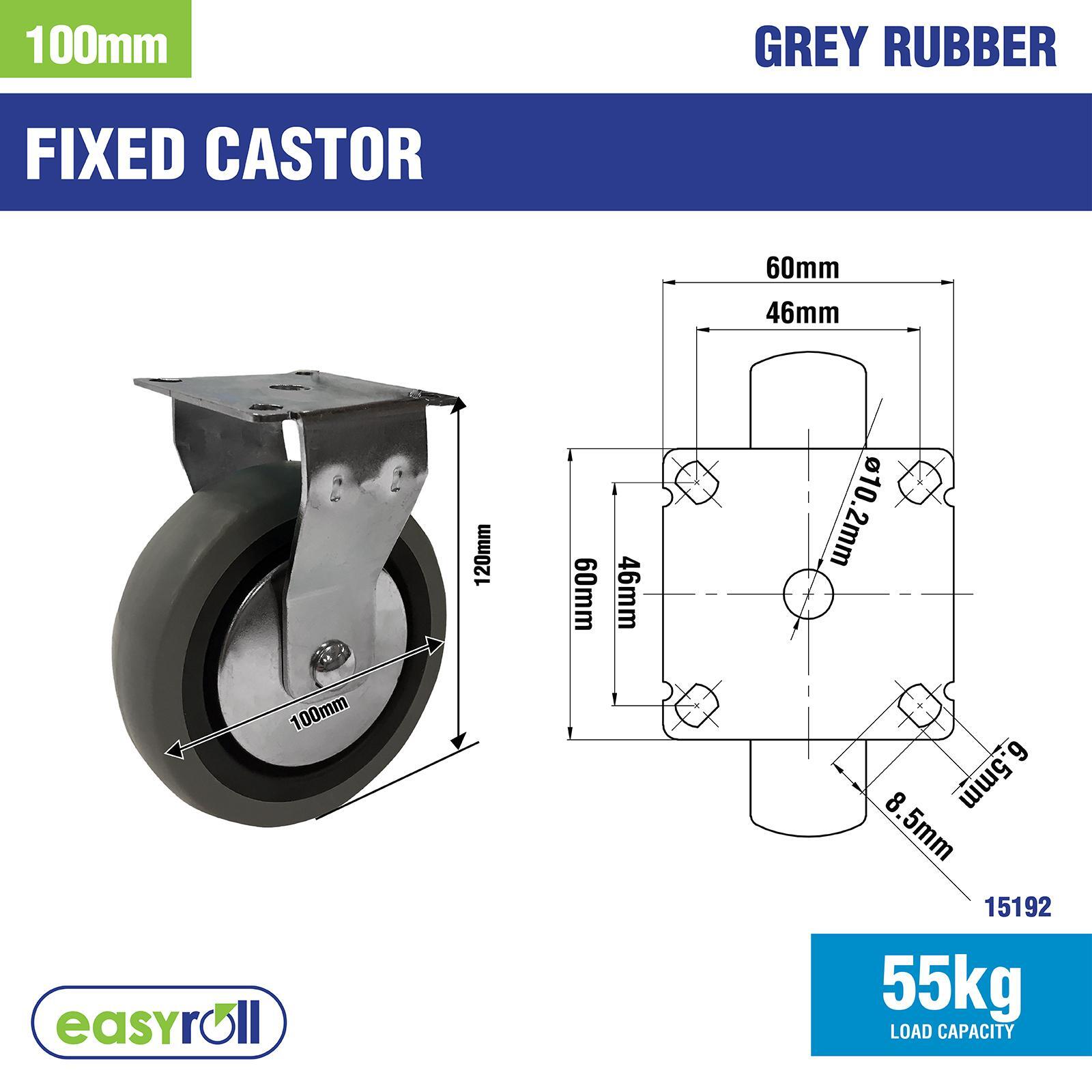 Easyroll 100mm 55kg Grey Rubber Fixed Plate Castor - Image 5