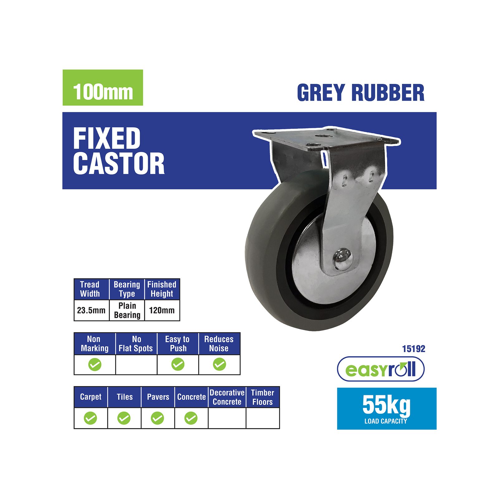 Easyroll 100mm 55kg Grey Rubber Fixed Plate Castor - Image 6