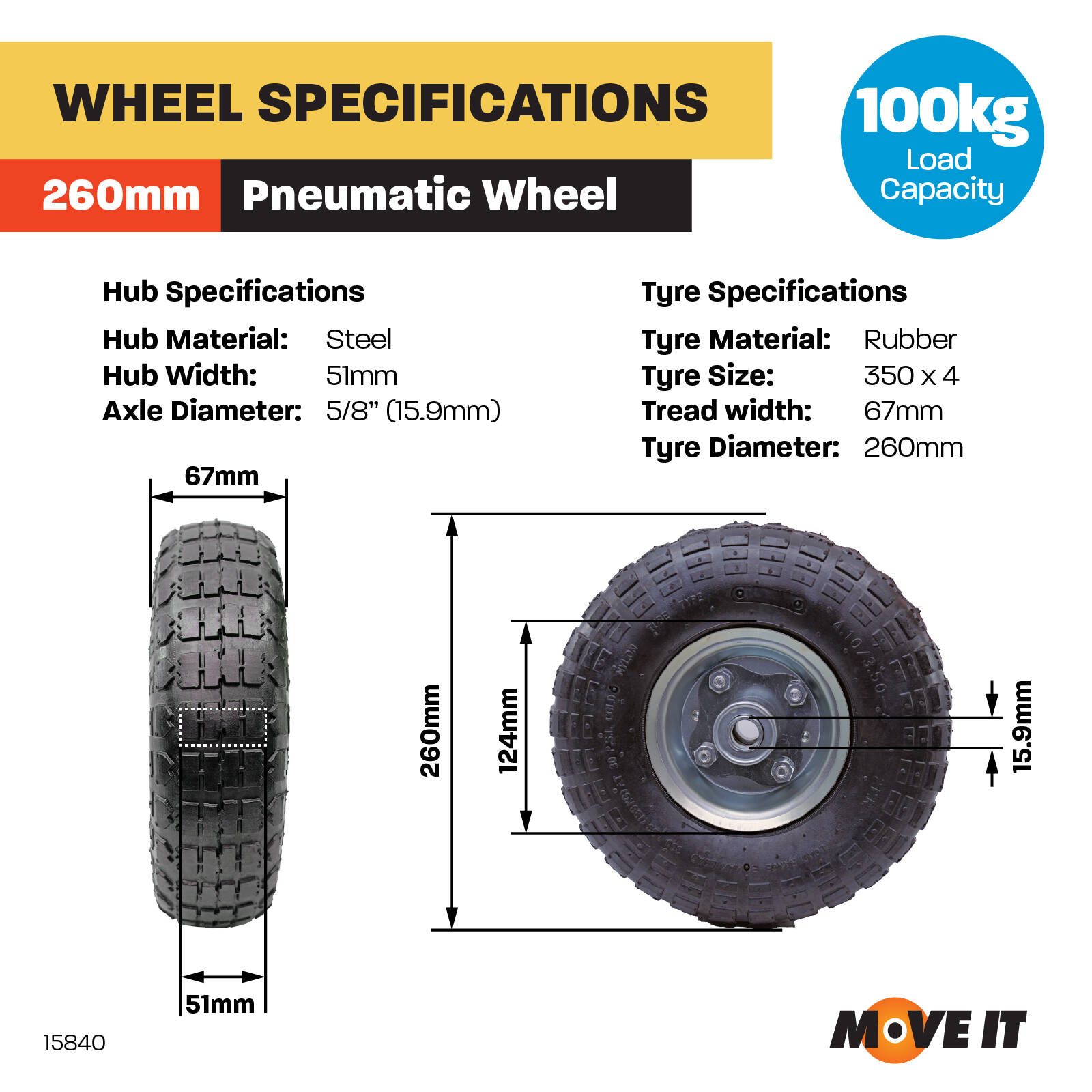 Move It 3.5 x 4" Pneumatic Steel Trolley Wheel with 5/8" Axle Diameter - Image 4
