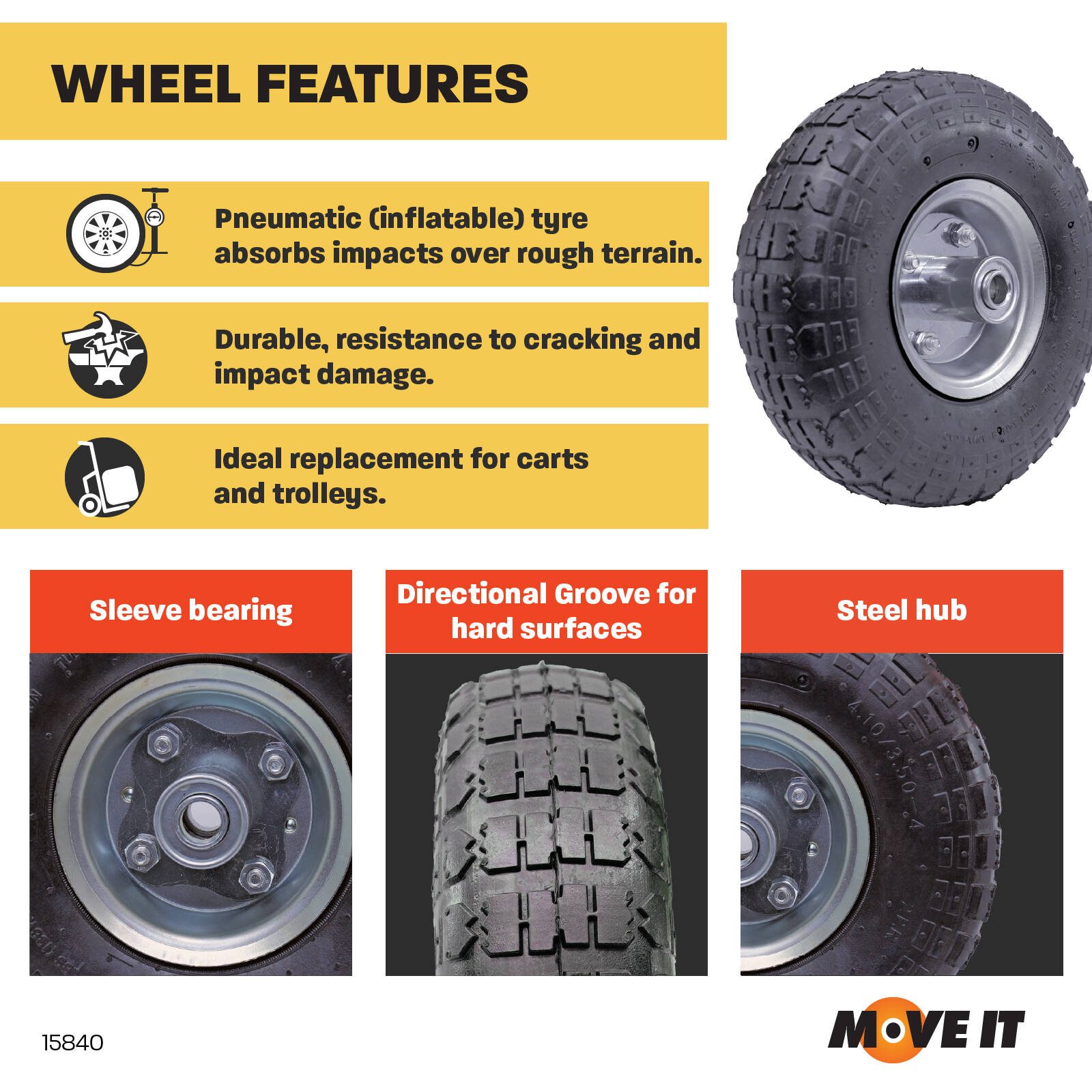 Move It 3.5 x 4" Pneumatic Steel Trolley Wheel with 5/8" Axle Diameter - Image 6