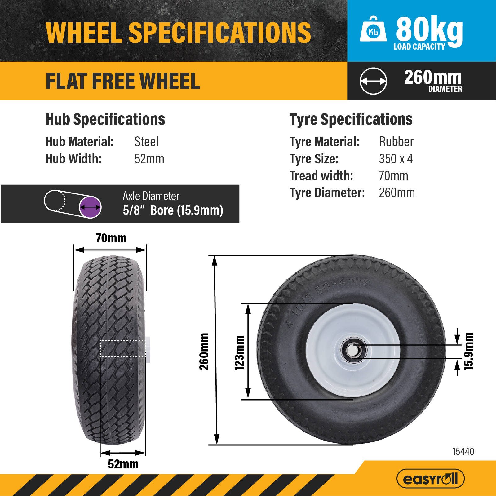 Easyroll 3.5 x 4" Flat Free Puncture Proof Trolley Wheel with 5/8" Axle Diameter - Image 4