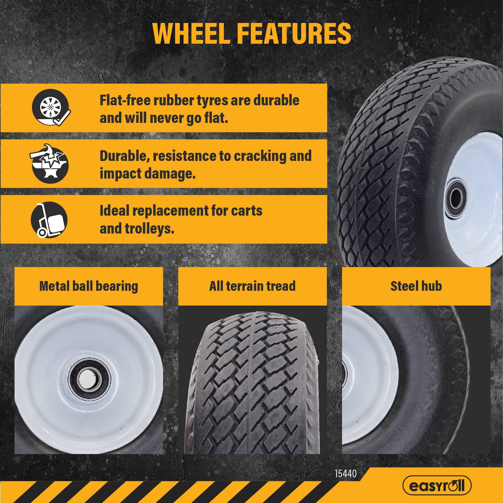 Easyroll 3.5 x 4" Flat Free Puncture Proof Trolley Wheel with 5/8" Axle Diameter - Image 6