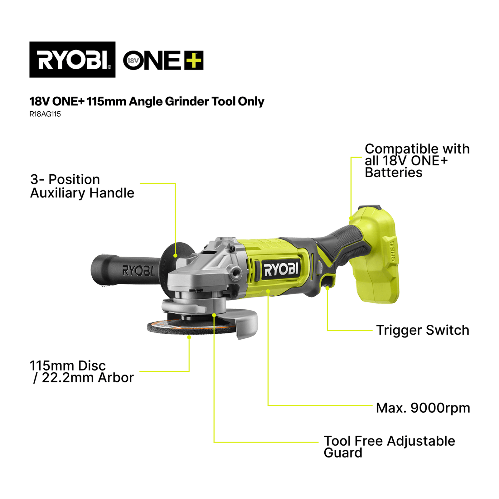 Ryobi 18V ONE+ 115mm Angle Grinder 4.0Ah Kit - Image 2