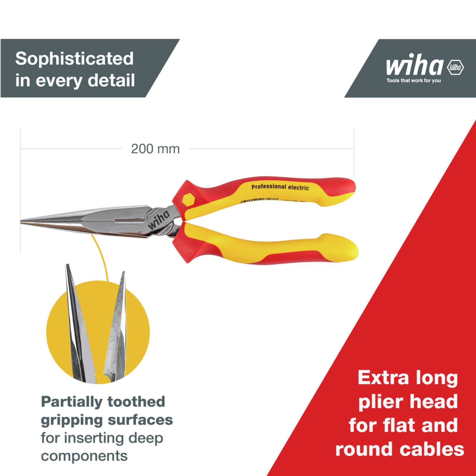 Wiha Pliers 200mm Long Nose VDE 1000V Electric Insulated Straight Cut - Image 2