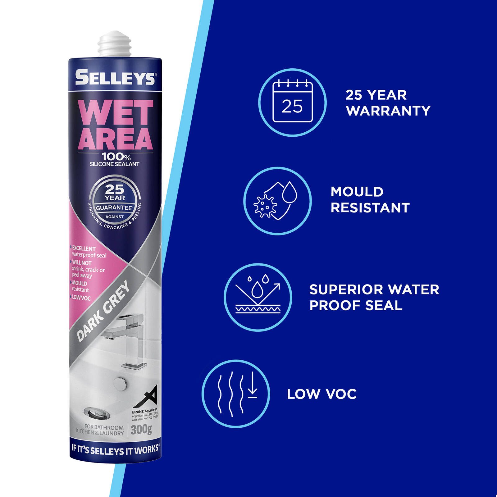 Selleys 300g Wet Area Waterproof Silicone Sealant - Dark Grey - Image 3