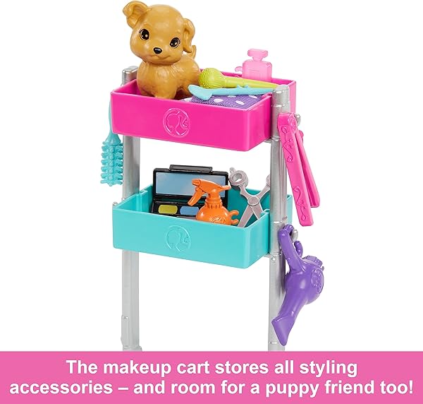 BARBIE-On-Set-Malibu-HNK95-Doll-and-Accessories-Hairdressing-Trolley-Hair-and-Makeup-Accessories-Apron-Doggy-for-C-B0BLJSSFP9-4