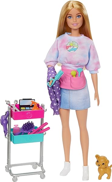 BARBIE-On-Set-Malibu-HNK95-Doll-and-Accessories-Hairdressing-Trolley-Hair-and-Makeup-Accessories-Apron-Doggy-for-C-B0BLJSSFP9