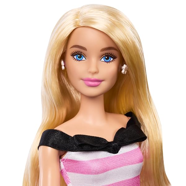 Barbie-Doll-and-Accessories-65th-Anniversary-Commemorative-Doll-with-Blonde-Hair-Pink-and-White-Striped-Dress-with-Mat-B0CMGBY44Y-2