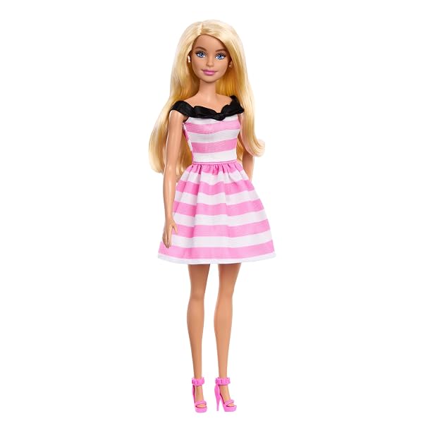 Barbie-Doll-and-Accessories-65th-Anniversary-Commemorative-Doll-with-Blonde-Hair-Pink-and-White-Striped-Dress-with-Mat-B0CMGBY44Y