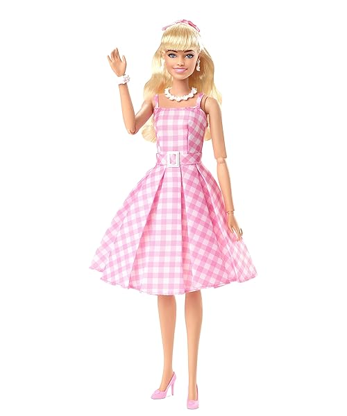 Barbie-The-Movie-Doll-Margot-Robbie-as-Barbie-Collectible-Doll-Wearing-Pink-and-White-Gingham-Dress-with-Daisy-Chain-N-B0BHFG4756-4