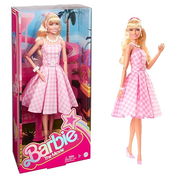Barbie-The-Movie-Doll-Margot-Robbie-as-Barbie-Collectible-Doll-Wearing-Pink-and-White-Gingham-Dress-with-Daisy-Chain-N-B0BHFG4756