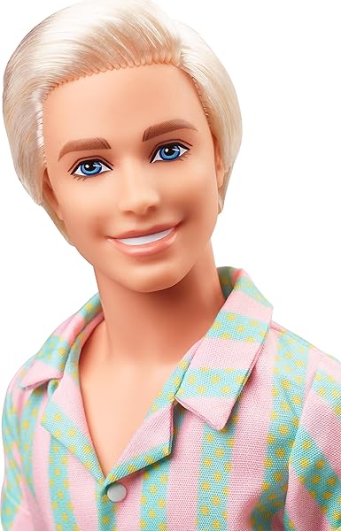 Barbie-The-Movie-Ken-Doll-Wearing-Pastel-Pink-and-Green-Striped-Beach-Matching-Set-with-Surfboard-and-White-Sneakers-B0BHFDT5Y8-2