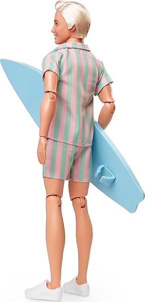 Barbie-The-Movie-Ken-Doll-Wearing-Pastel-Pink-and-Green-Striped-Beach-Matching-Set-with-Surfboard-and-White-Sneakers-B0BHFDT5Y8-4