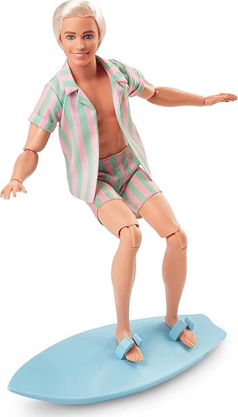 Barbie-The-Movie-Ken-Doll-Wearing-Pastel-Pink-and-Green-Striped-Beach-Matching-Set-with-Surfboard-and-White-Sneakers-B0BHFDT5Y8-5