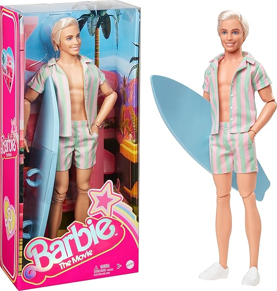 Barbie-The-Movie-Ken-Doll-Wearing-Pastel-Pink-and-Green-Striped-Beach-Matching-Set-with-Surfboard-and-White-Sneakers-B0BHFDT5Y8