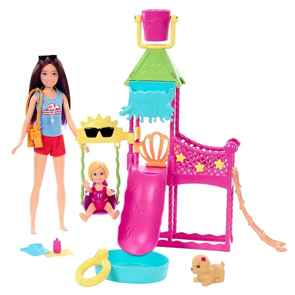 Barbie-Toys-Skipper-Doll-and-Waterpark-Playset-with-Working-Water-Slide-Puppy-Squirt-Toy-5-Accessories-and-More-Fir-B0B627JK63