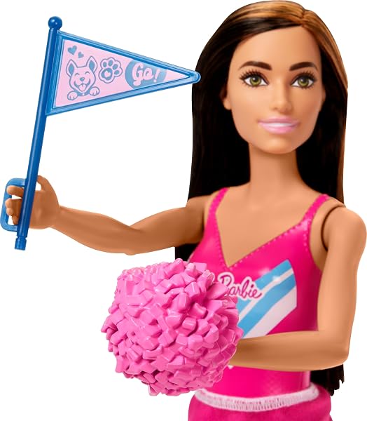 Cheerleader-Barbie-in-Uniform-With-Pom-Pom-Flag-and-Puppy-Mascot-B0CPHDKQBW-3