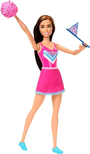Cheerleader-Barbie-in-Uniform-With-Pom-Pom-Flag-and-Puppy-Mascot-B0CPHDKQBW