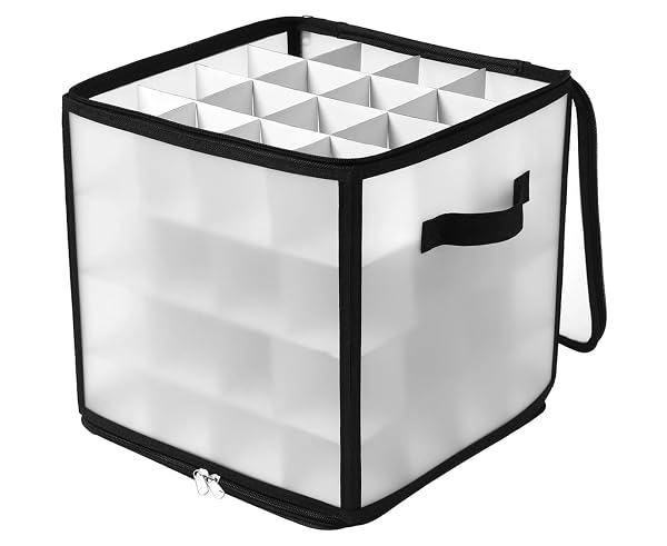 Christmas-Bauble-Ornament-Storage-Box-Transparent-with-Black-Trim-64-Compartments-Zippered-Top-24x26x26cm-Stackable-B0FXTCGWBJ