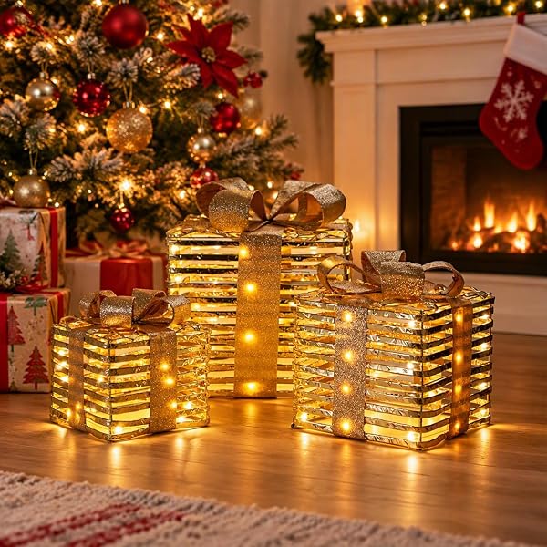 Christmas Gift Box Decorations 3 Pc Gold Metal Battery timer operated LED - Image 2