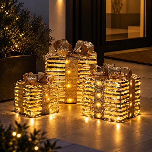 Christmas Gift Box Decorations 3 Pc Gold Metal Battery timer operated LED - Image 3