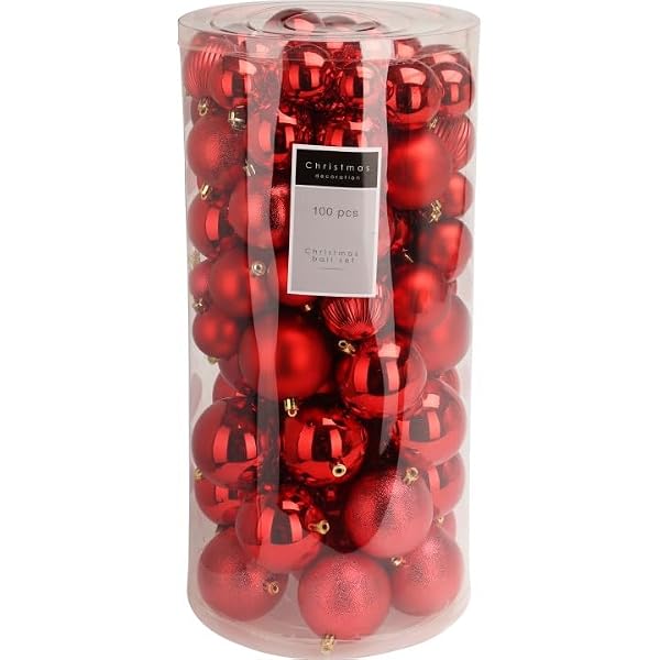 Christmas Ornament Balls, 100-Piece Mixed Red Collection, Shiny Matte Embossed Baubles, 40-80mm Assorted Sizes in PET Storage Tube - Image 3