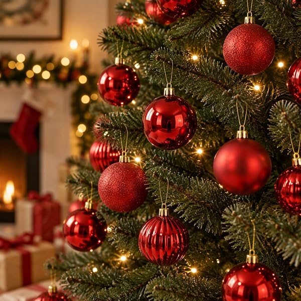Christmas Ornament Balls, 100-Piece Mixed Red Collection, Shiny Matte Embossed Baubles, 40-80mm Assorted Sizes in PET Storage Tube - Image 4