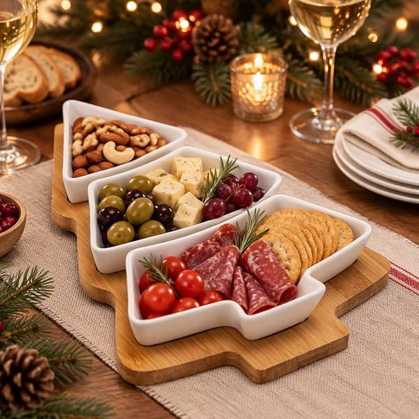 Christmas Tree Serving Set 4 Piece with Bamboo Tray for Parties partyware - Image 3