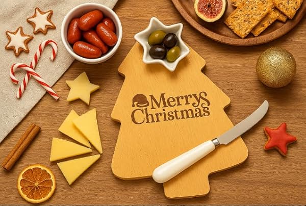 Christmas-Tree-Shaped-Bamboo-Cheese-Board-Set-32x24x3cm-with-Ceramic-Bowl-and-Stainless-Steel-Knife-B0G14J8LFR-3