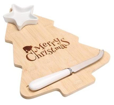 Christmas-Tree-Shaped-Bamboo-Cheese-Board-Set-32x24x3cm-with-Ceramic-Bowl-and-Stainless-Steel-Knife-B0G14J8LFR