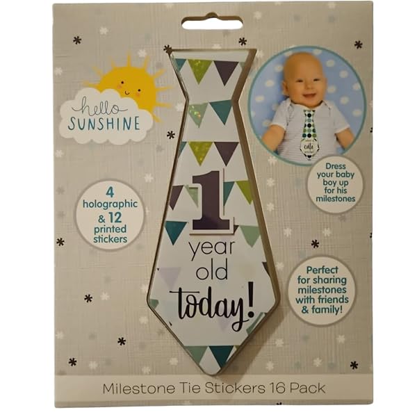 Hello-Sunshine-Baby-Milestone-Tie-Stickers-16-Pack-with-12-Printed-and-4-Holographic-Designs-55-cm-x-145-cm-Cute-D-B0FJYGZ3WV