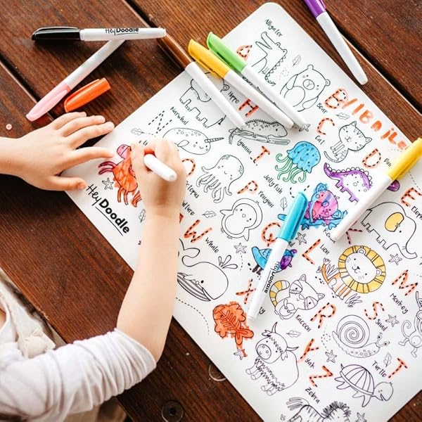 Hey-Doodle-Into-The-Wild-Reusable-Silicone-Coloring-Mat-A3-Size-9-Markers-with-Pouch-Educational-Animal-Alphabet-Age-B0DW49T9DR-4