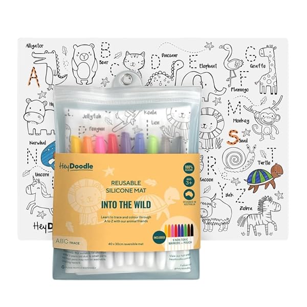 Hey-Doodle-Into-The-Wild-Reusable-Silicone-Coloring-Mat-A3-Size-9-Markers-with-Pouch-Educational-Animal-Alphabet-Age-B0DW49T9DR