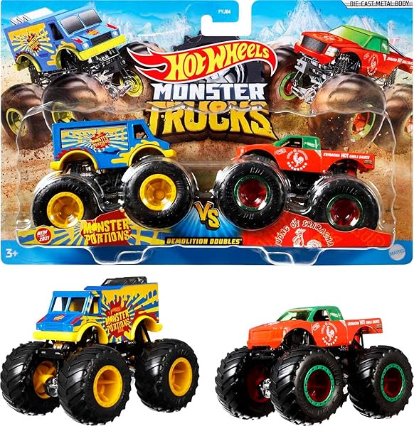 Hot-Wheels-Monster-Trucks-Demolition-Doubles-Set-of-2-Toy-Monster-Trucks-in-164-Scale-Styles-May-Vary-B07F6ZBW52