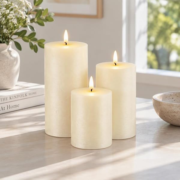 Ivory LED Pillar Candles Set of 3, Flickering Flame with Timer Christmas - Image 2