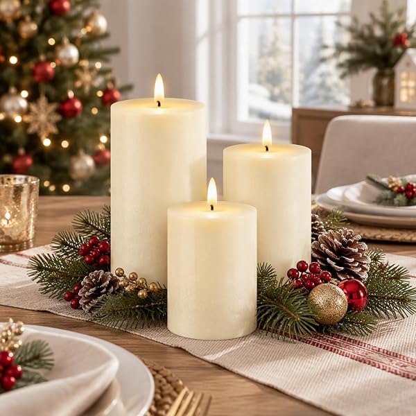 Ivory LED Pillar Candles Set of 3, Flickering Flame with Timer Christmas - Image 3