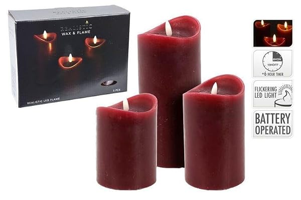 LED-Flameless-Candles-Dark-Red-Wax-AA-Battery-Operated-Set-of-3-Timer-Function-Flickering-Light-70x70x100mm125mm-B0FT6Q6JQQ-2