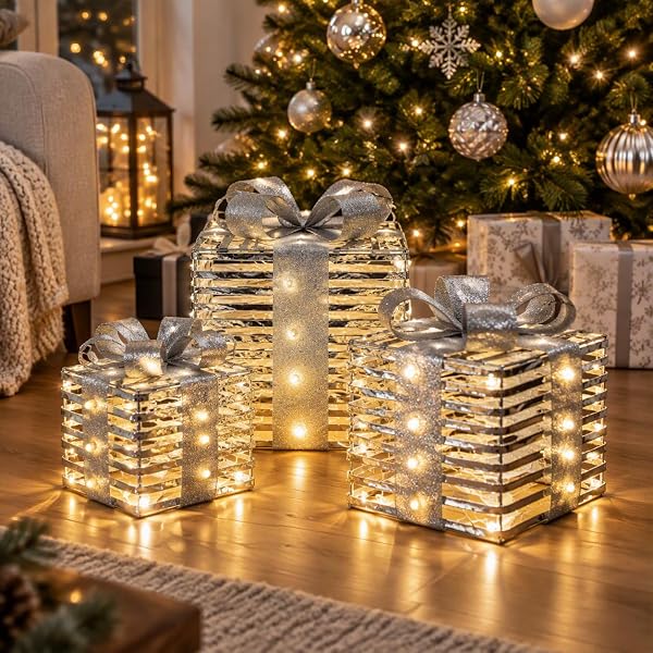 LED Light Up Silver Christmas Gift Box Decoration 3 Silver 40, 30, 20 cm - Image 2