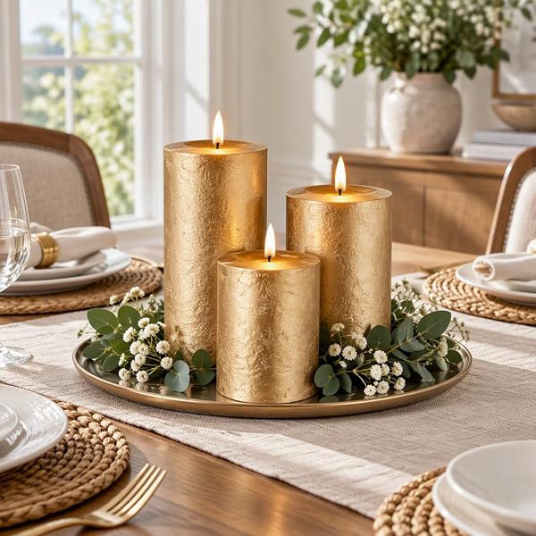 Metallic Gold LED Pillar Candles Set of 3, AA Battery Christmas - Image 2