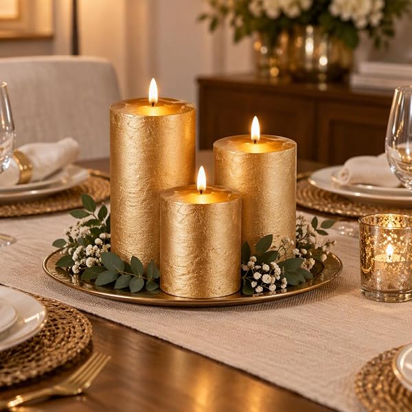 Metallic Gold LED Pillar Candles Set of 3, AA Battery Christmas - Image 3