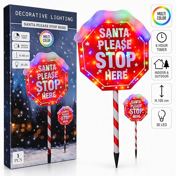 Santa Please Stop Here LED Christmas Stake Sign Garden Light 105cm - Image 2