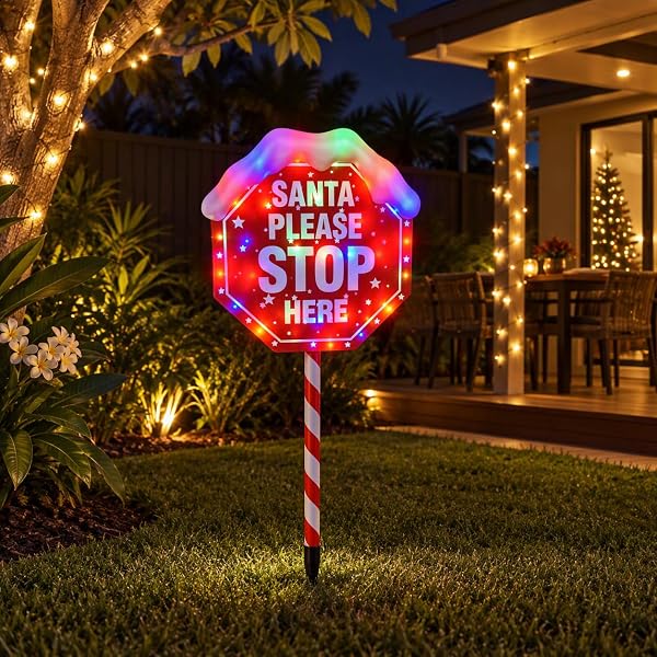 Santa Please Stop Here LED Christmas Stake Sign Garden Light 105cm - Image 3